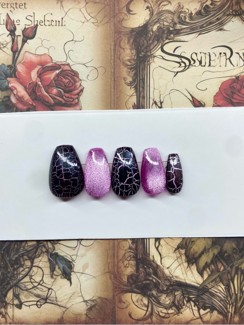 Purple Crackle & Glitter Press-On Nail Set